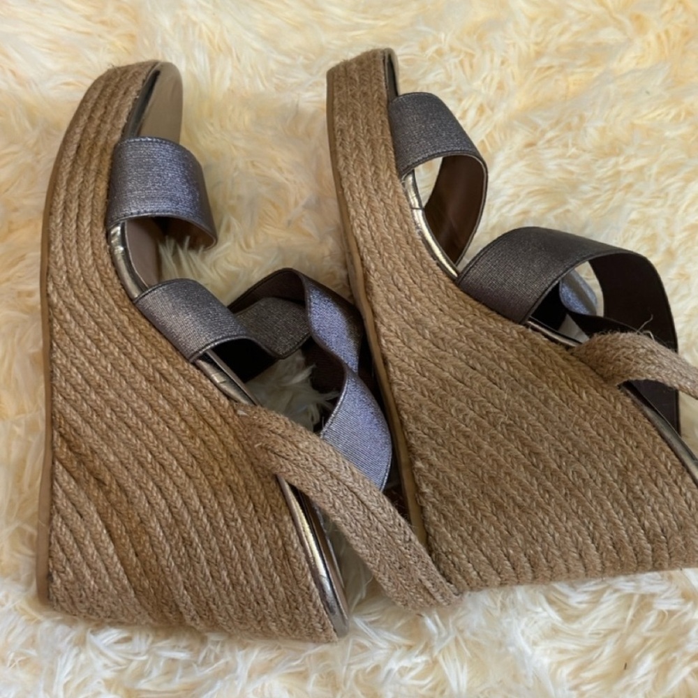 Yellow Box pewter wedges, silver metallic, ankle strap, espadrille, women’s Sz 8 - Picture 4 of 5